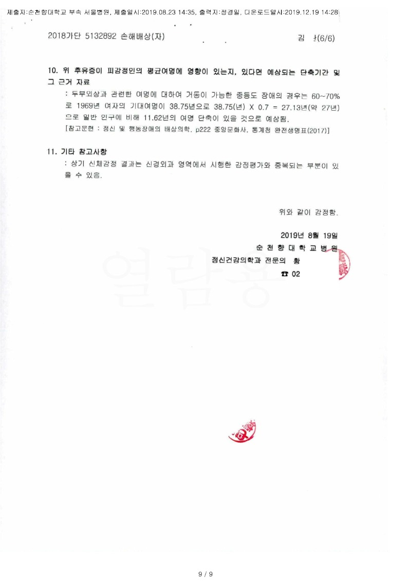 20191219 김란 8.23 순천향대서울병원 감정서 도달(정신건강의학과)_6.jpg
