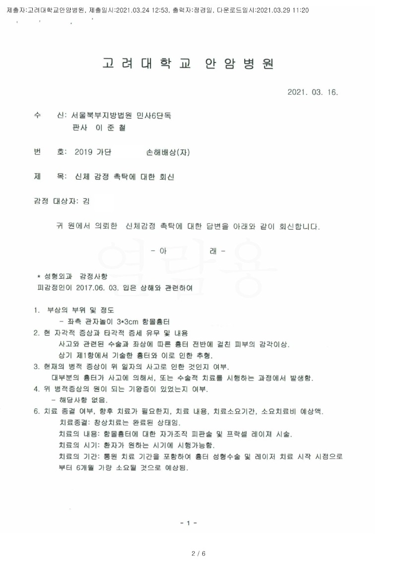 20210329 김진영 3.24 고려대안암병원 감정서 도달(성형)_1.jpg